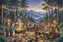Cartoon illustration of neighbors gathered at an outdoor barbecue among pine trees with string lights at dusk.