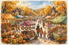Cartoon illustration of a festive fall street fair with pumpkins, autumn leaves, and families strolling.