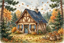 Cartoon illustration of a cozy house in autumn with a ladder against the gutter and leaves falling.