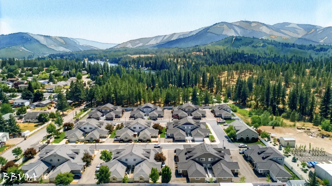 Aerial view of a modern townhome community bordered by pine forests, with a scenic lake and mountains in the background.