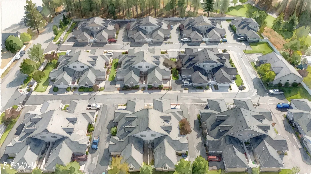 Aerial view of a modern townhome community bordered by pine forests, with a scenic lake and mountains in the background.