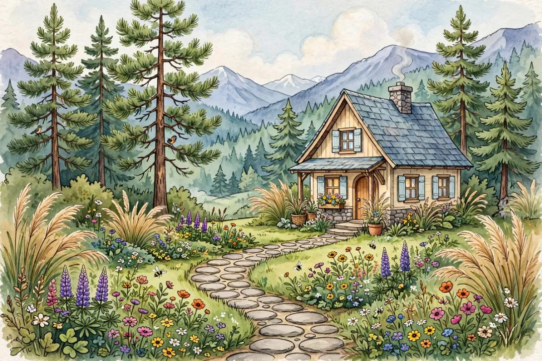 Cartoon illustration of a house with a natural native-plant yard of pines, grasses, and wildflowers.