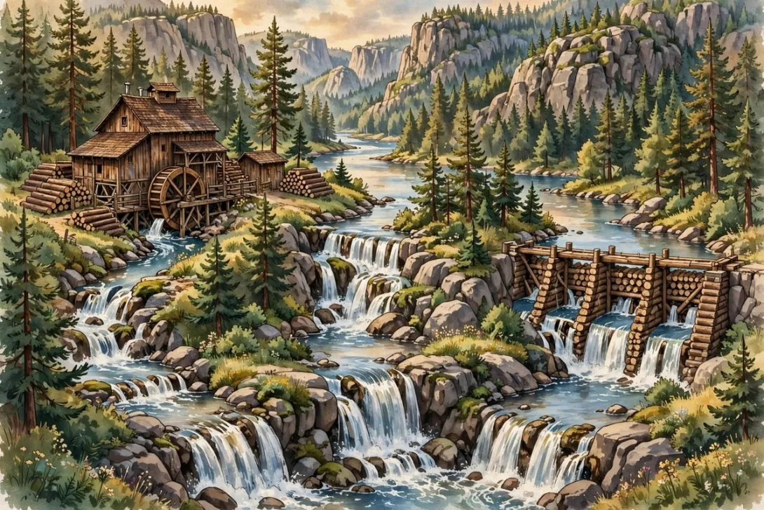 Cartoon illustration of a wooden sawmill and timber-crib dam beside the Spokane River falls among pine trees and granite cliffs.