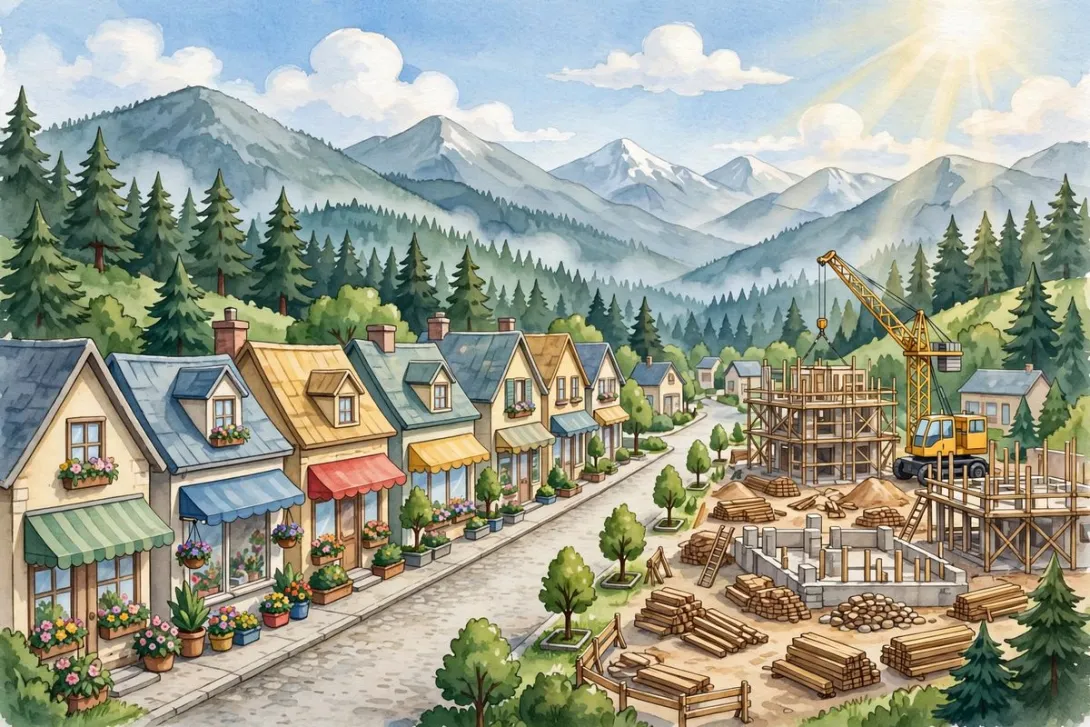 Cartoon illustration of a growing small town with new buildings and cranes set against forested mountains.