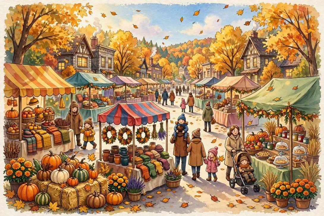 Cartoon illustration of a festive fall street fair with pumpkins, autumn leaves, and families strolling.