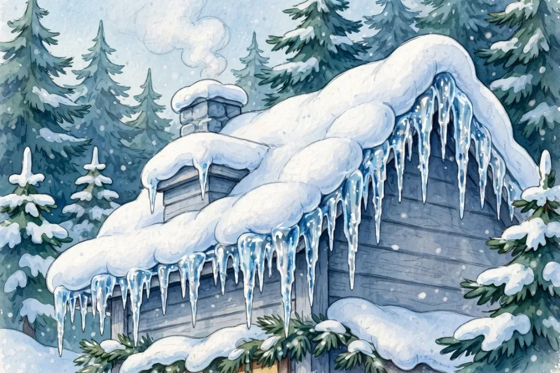 Cartoon illustration of a snowy house roof with icicles forming along the eaves.