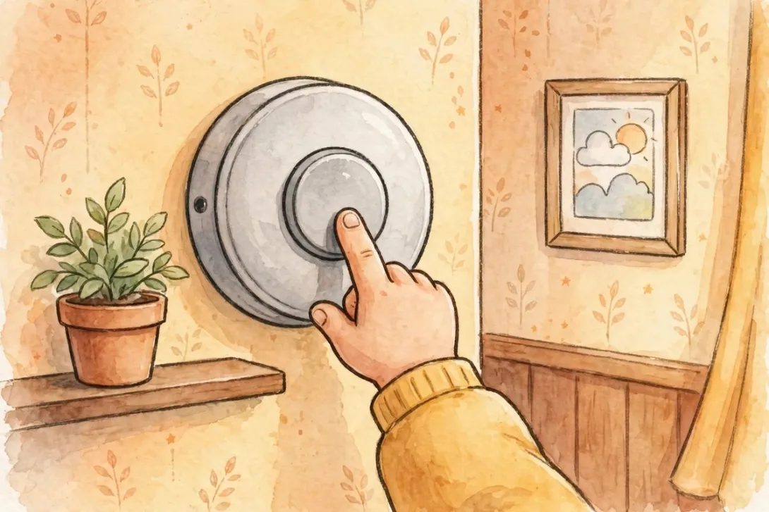 Cartoon illustration of a smoke alarm mounted on a wall with a hand pressing its test button.