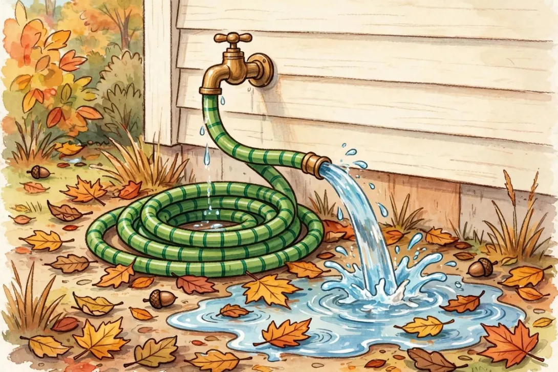 Cartoon illustration of a garden hose draining water beside an outdoor spigot in autumn.