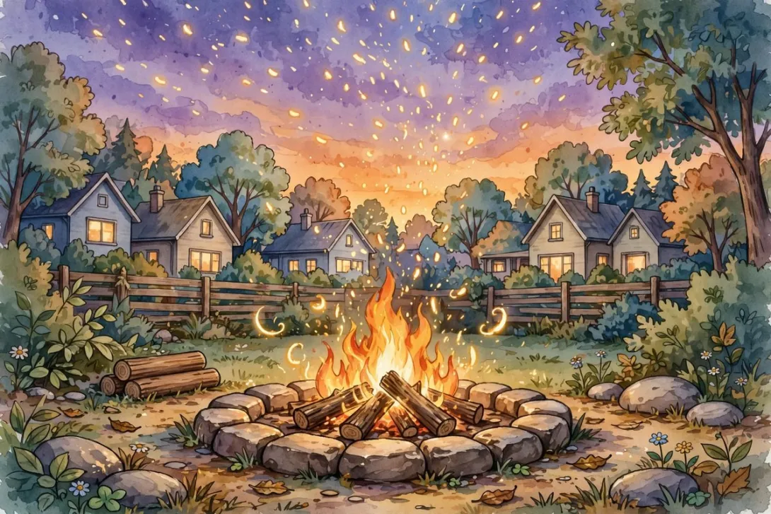Cartoon illustration of a backyard fire pit glowing at dusk with houses and trees in the background.