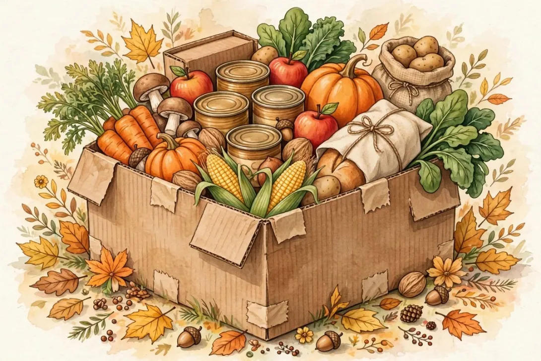 Cartoon illustration of a donation box filled with canned goods and groceries.