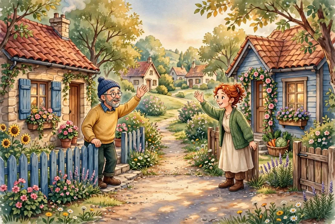 Cartoon illustration of two neighbors waving to each other across a shared driveway.