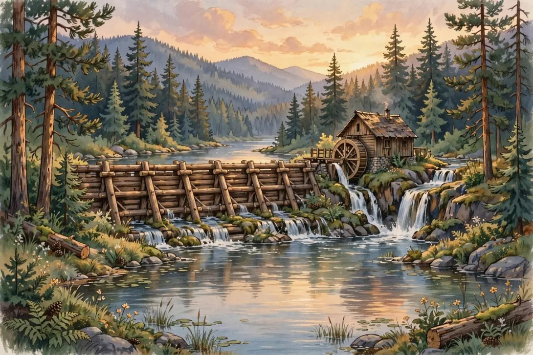 Cartoon illustration of a timber-crib log dam and small sawmill with a waterwheel beside a waterfall on the Spokane River.